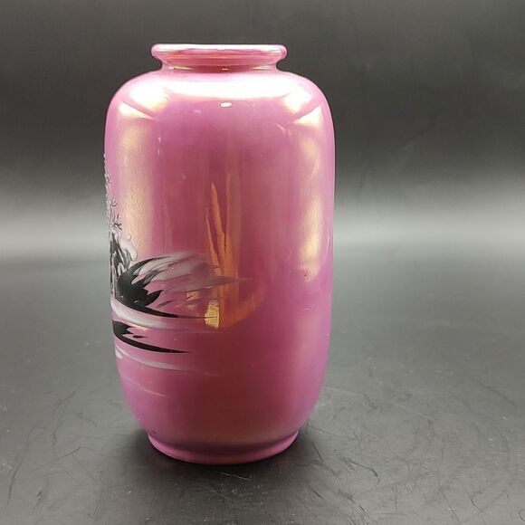 Nippon Hand Painted Pink Lusterware Vase Vintage Winter Scene Stamped - Picture 2 of 7